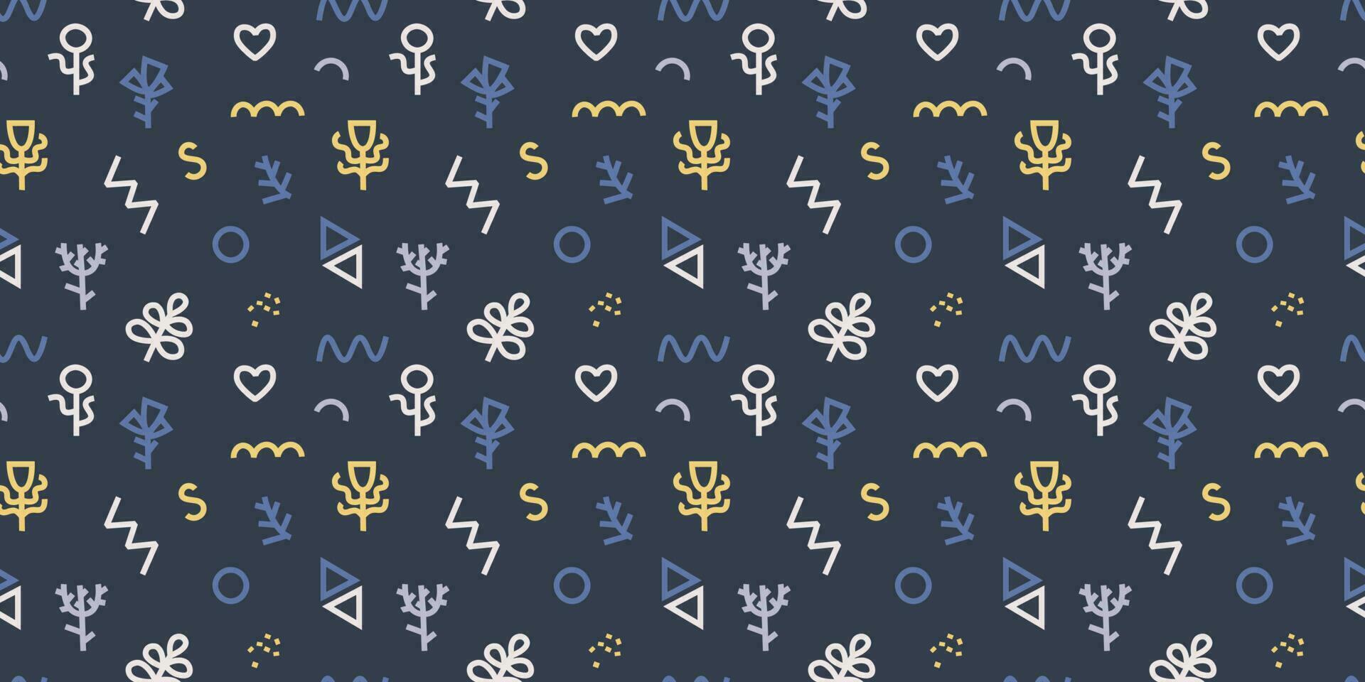 Abstract seamless pattern with small geometric and floral elements. Vector pattern with dark background for design.