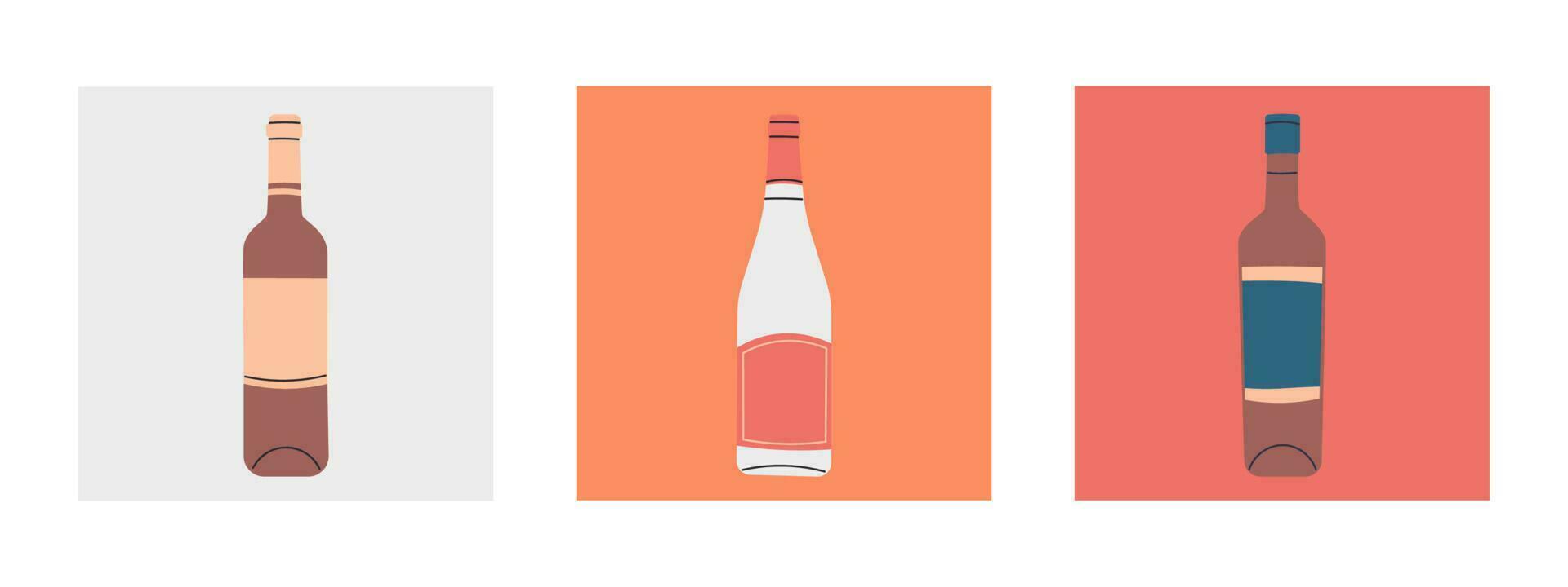 conjunto de vector plano botellas de vino. etiquetas sin inscripciones. ilustración para bar o restaurante menú diseño.