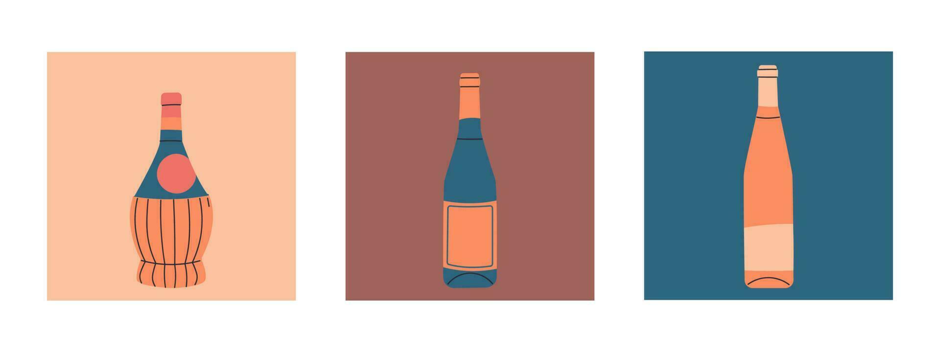 Set of vector flat bottles of wine. Labels without inscriptions. Illustration for bar or restaurant menu design.