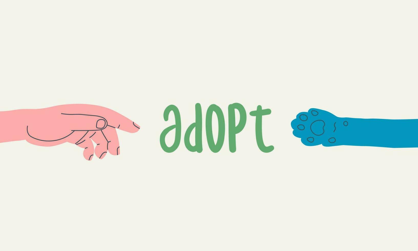 Adopt. Human hand reaches for a cat's paw. Simple flat illustration calling for animal adoption from the shelter. vector
