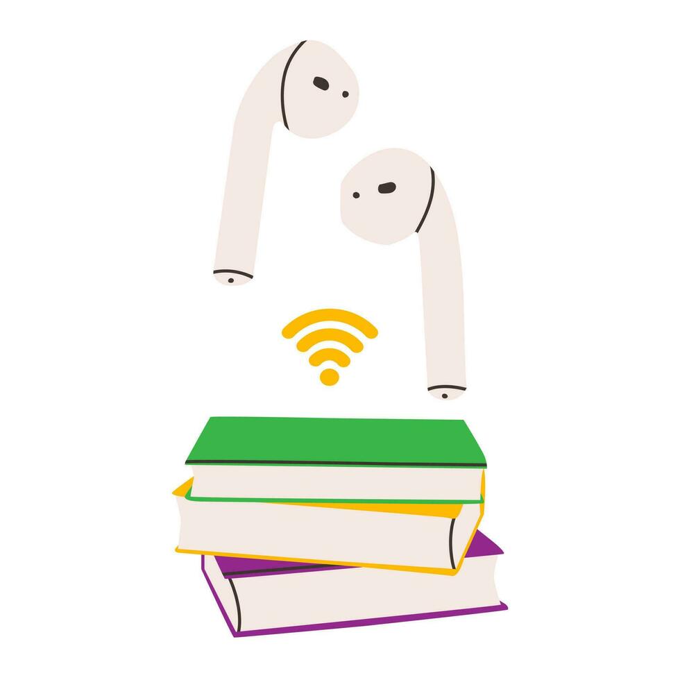 Audiobook concept. Vector illustration of a stack of books and wireless headphones. Elements for design, logo, print.