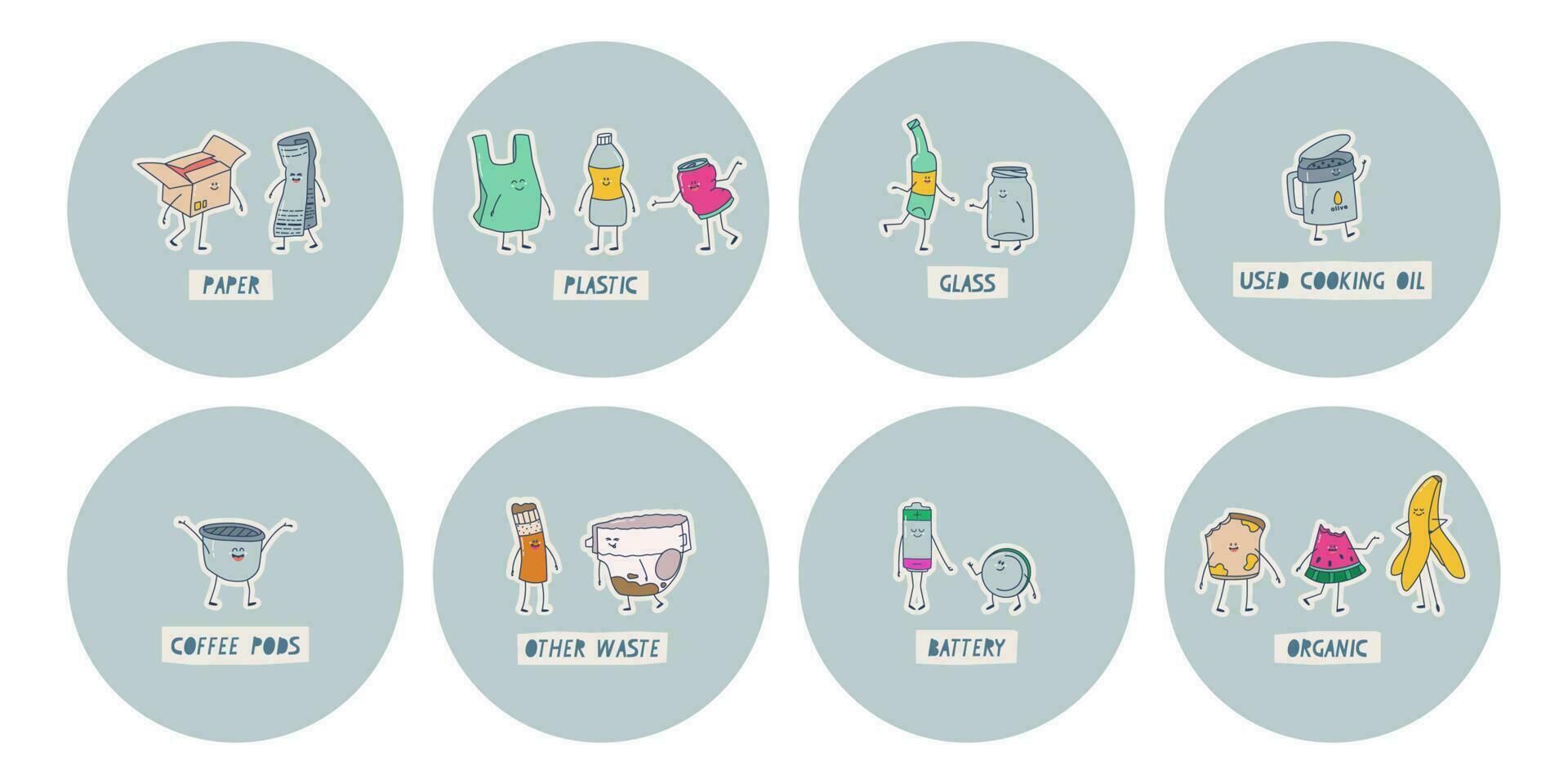 Waste sorting stickers. Plastic, paper, glass, coffee capsules, batteries, etc. Funny kawaii garbage characters. vector