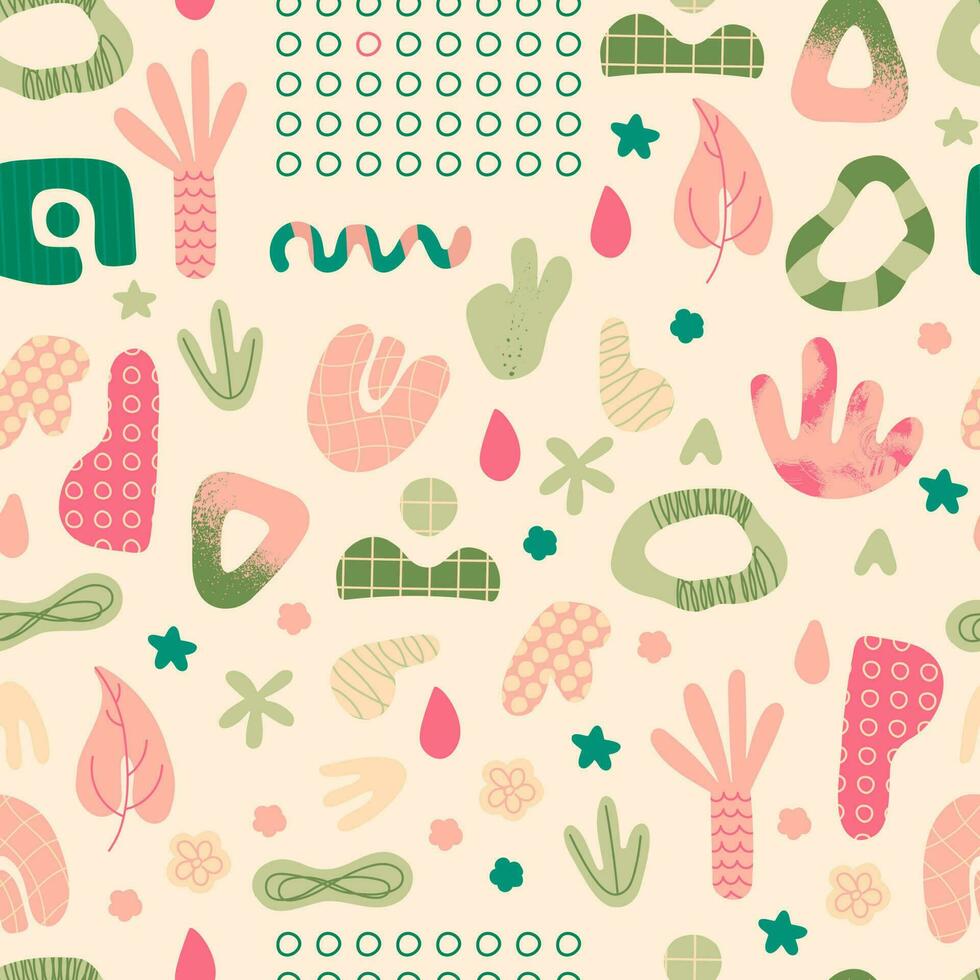 Abstract shapes seamless pattern. Hand drawn trendy doodles. Repeating vector elements for design.