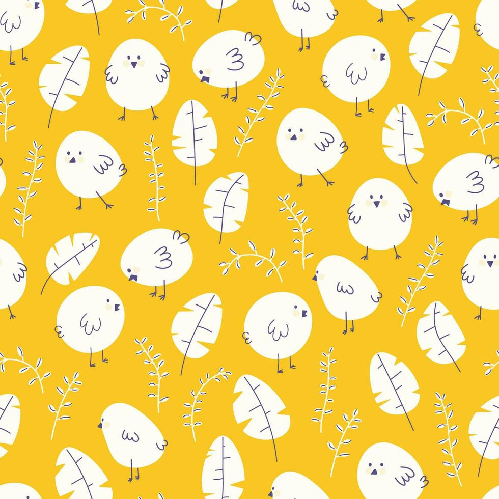 Seamless pattern with white chicks, chickens, sprigs of plants and leaves. Vector repeating elements for Easter design on a yellow background.