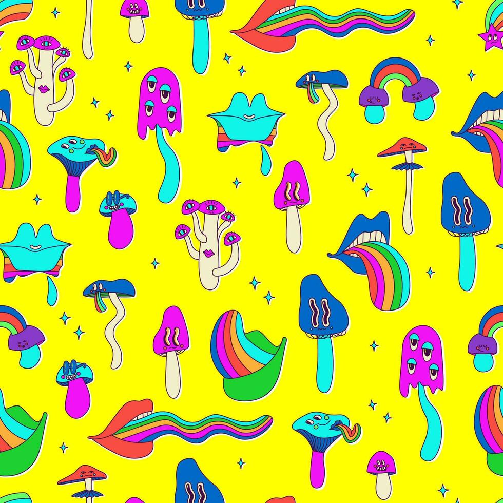 Psychedelic lips with rainbow tongue, mushrooms with eyes. Classic ...