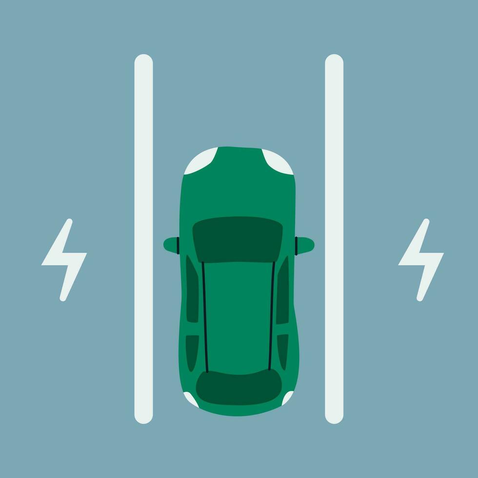 Electric car parking. Passenger car on a parking space for charging, top view. vector