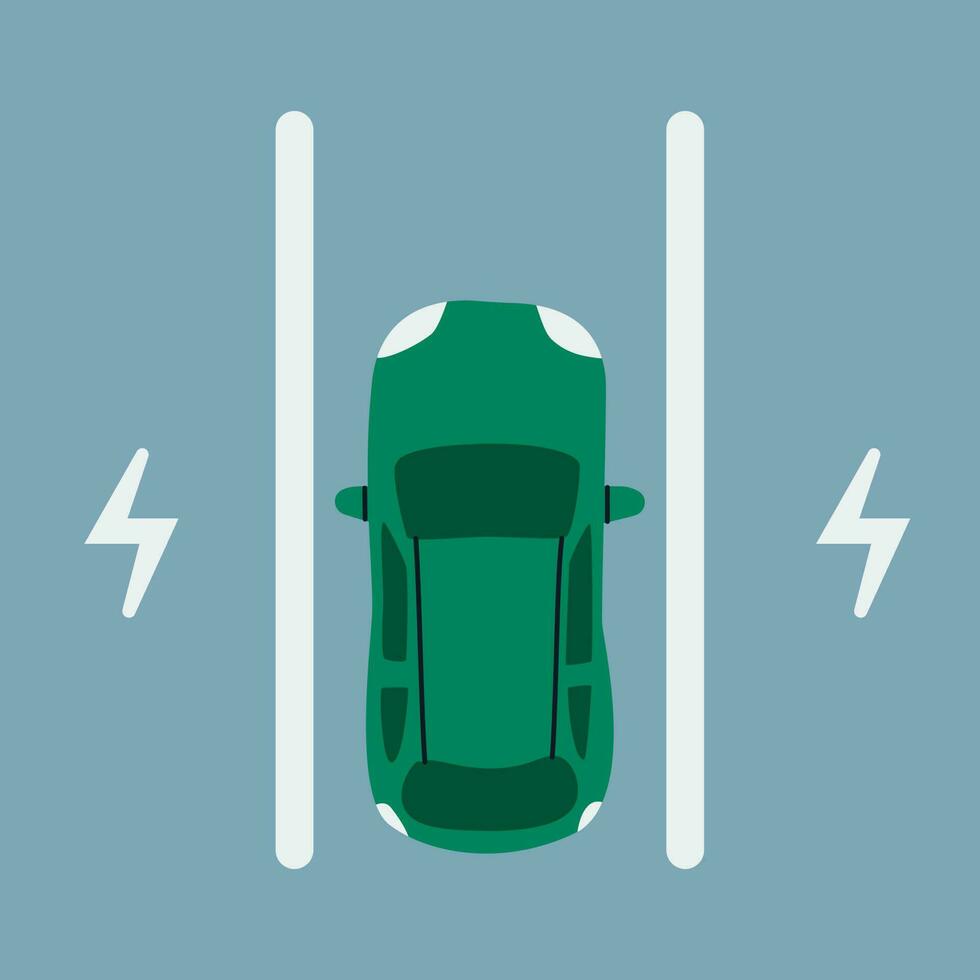 eléctrico coche estacionamiento. pasajero coche en un estacionamiento espacio para cargando, parte superior vista. vector