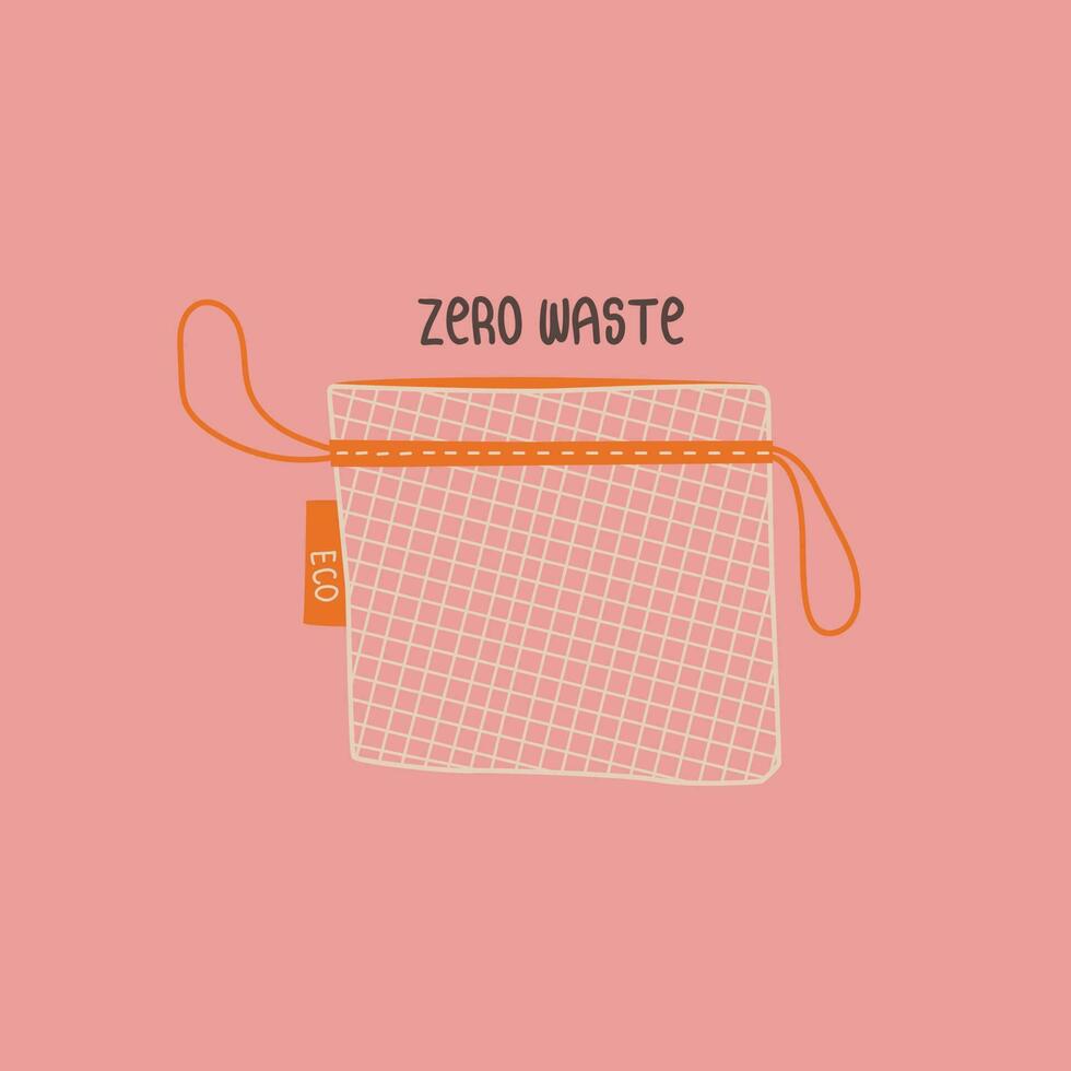 reutilizable malla bolso para frutas y vegetales. No el plastico y cero residuos concepto. vector aislado garabatear ilustración. Respetuoso del medio ambiente compras bolsa.