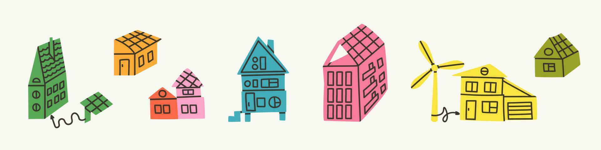 Set of ecological houses. Energy that is generated by solar panels and wind turbines. Eco buildings vector illustration.