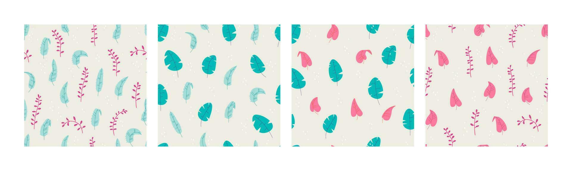Set of vector botanical seamless pattern with decorative pink and green leaves and branches. Trandy design for print.