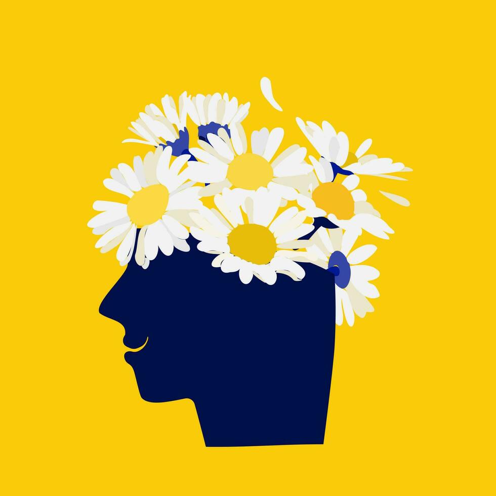 Mental health concept. Abstract image of a head with flowers inside. Chamomile, flowers and leaves as a symbol of inspiration, calmness, favorable mental behavior. vector