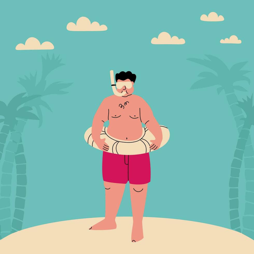 Chubby man in an underwater mask and an inflatable ring. Funny flat vector illustration. Fat person in swimsuit on beach with palm trees and clouds. Sports plus size persons.