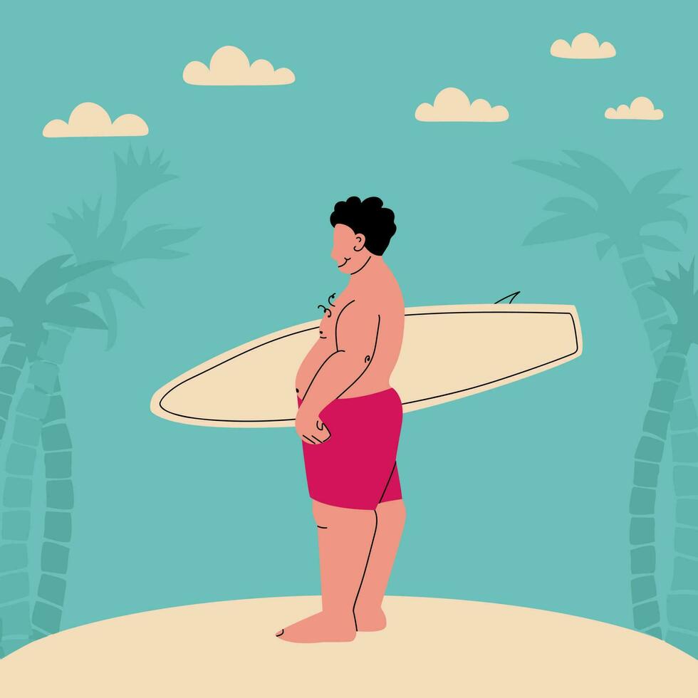 Fat man with surfboard is on beach. Chubby and happy surfer. Vector trending flat illustration. Sports plus size persons. Beach with palm trees and clouds.