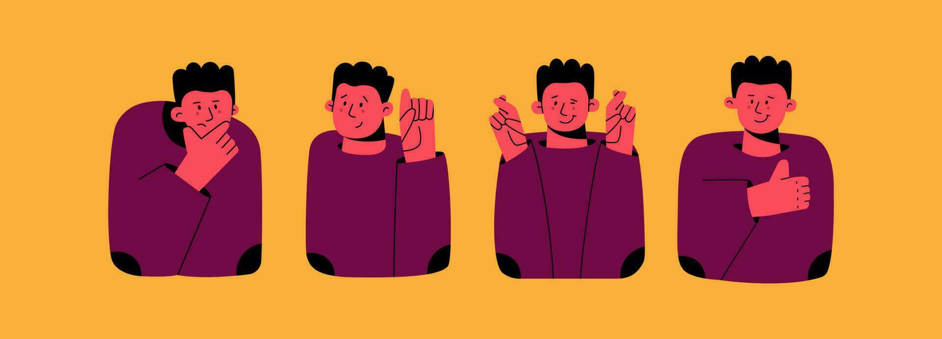 Cute cartoon character demonstrating various hand gestures. Thumbs up, fingers crossed, like, thoughtful. Vector illustration for business presentations, stickers, prints.