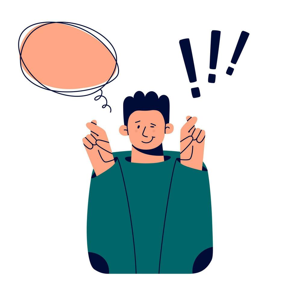 Luck and sign language concept. The man crosses his fingers for good luck. Exclamation mark and bubble of thoughts. Trend vector illustration isolated on white background.