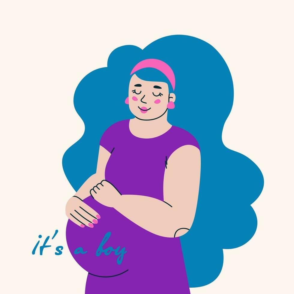 Pregnant lovely young woman with blue hair. Text it is a boy. Illustration for sticker or greeting card for gender reveal party. vector