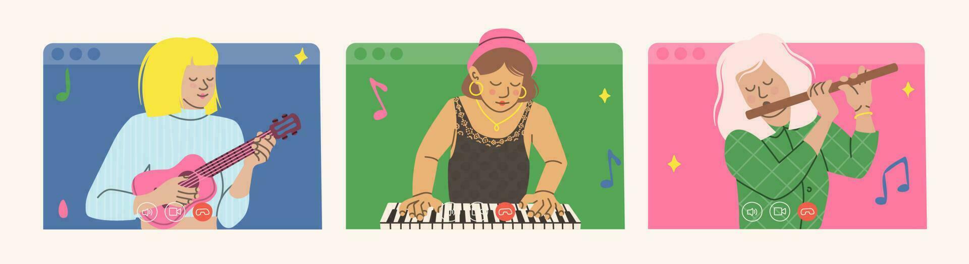 en línea música concierto concepto. vector ilustración de Tres muchachas con musical instrumentos bandera para un música festival.