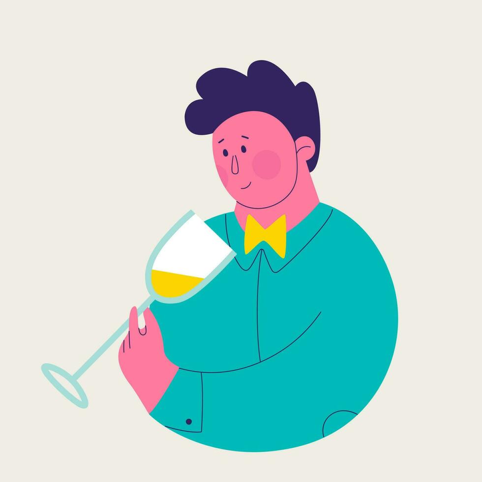 Single illustration from a set of white wine tasting. Cute man exploring the color and shade of the wine. Vector trendy isolated illustrations for design.