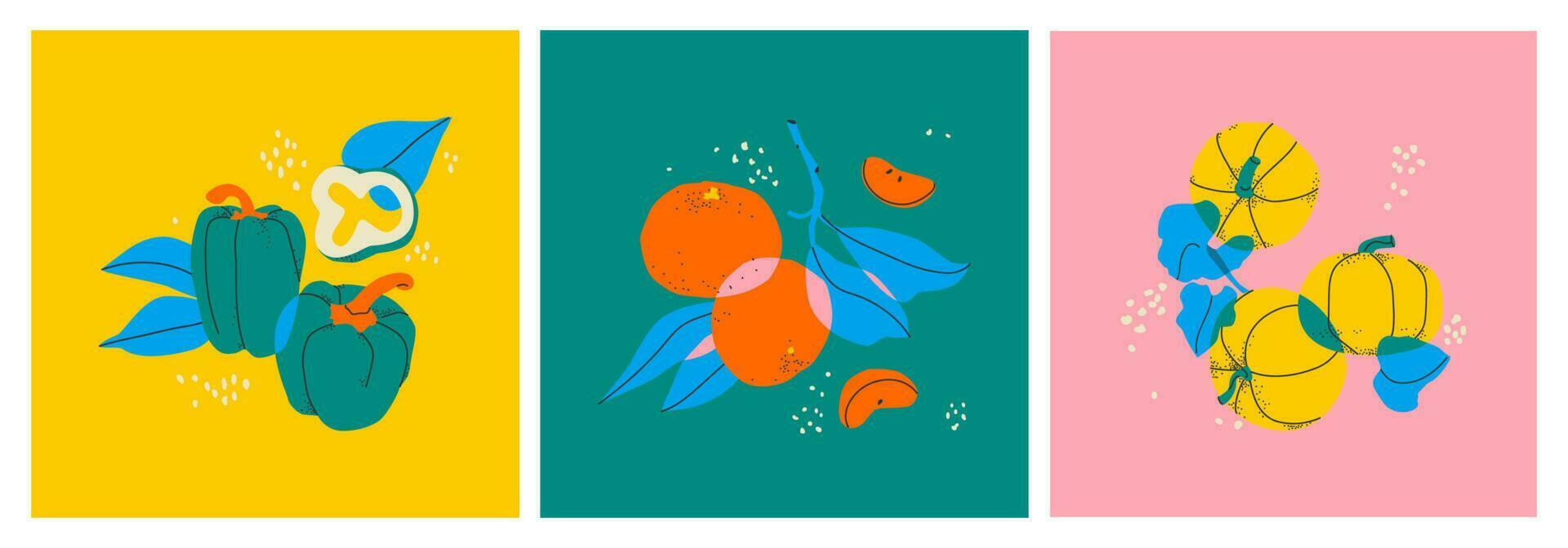 Set of decorative still lifes fruits and vegetables sweet bell pepper, tangerine, pumpkin. Hand drawing slices, twigs and leaves. Ideal for print, posters, postcards. Vector trendy triptych.