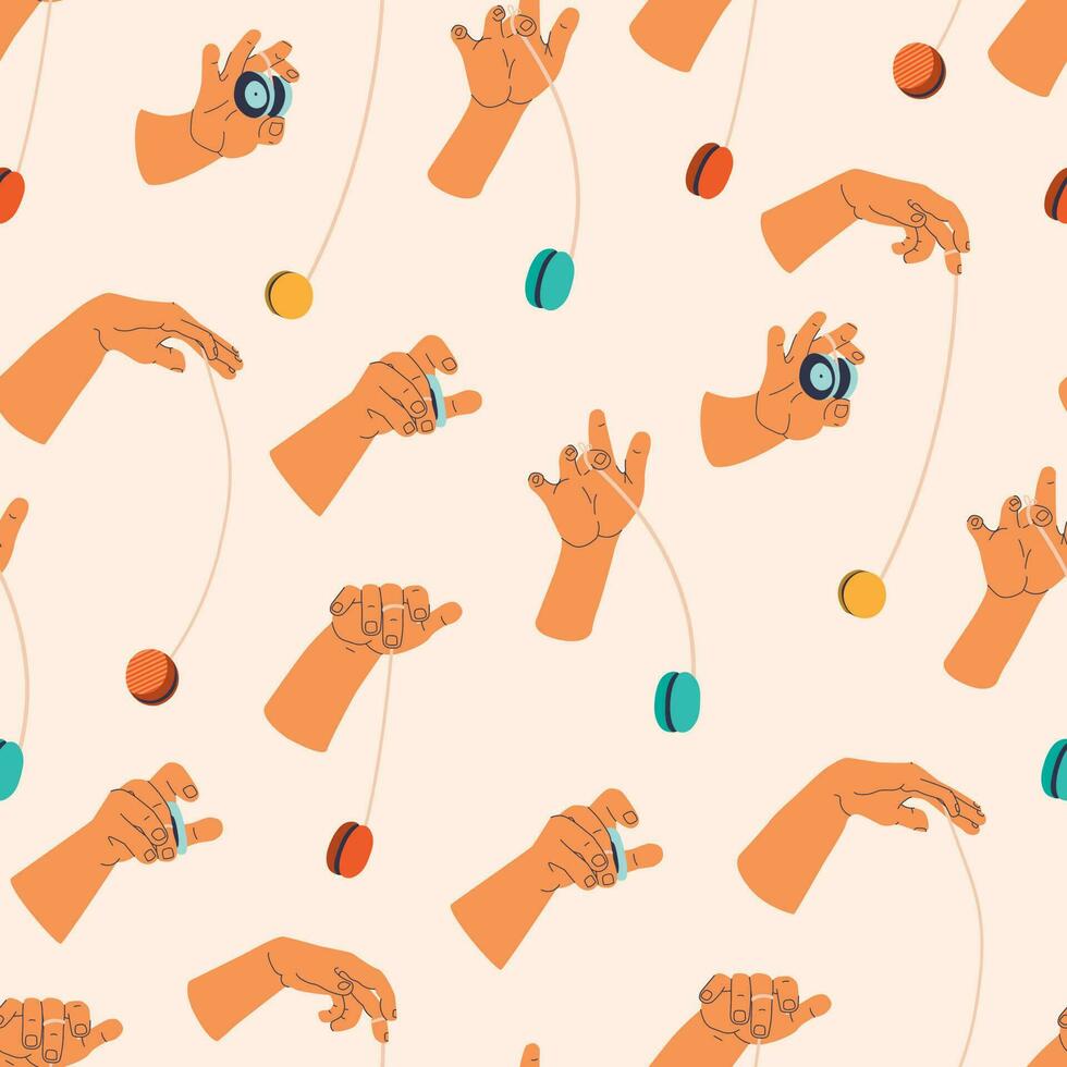 Yo-yo toy seamless pattern. Endless repeating print of hands in various poses while rotating yo-yo. vector