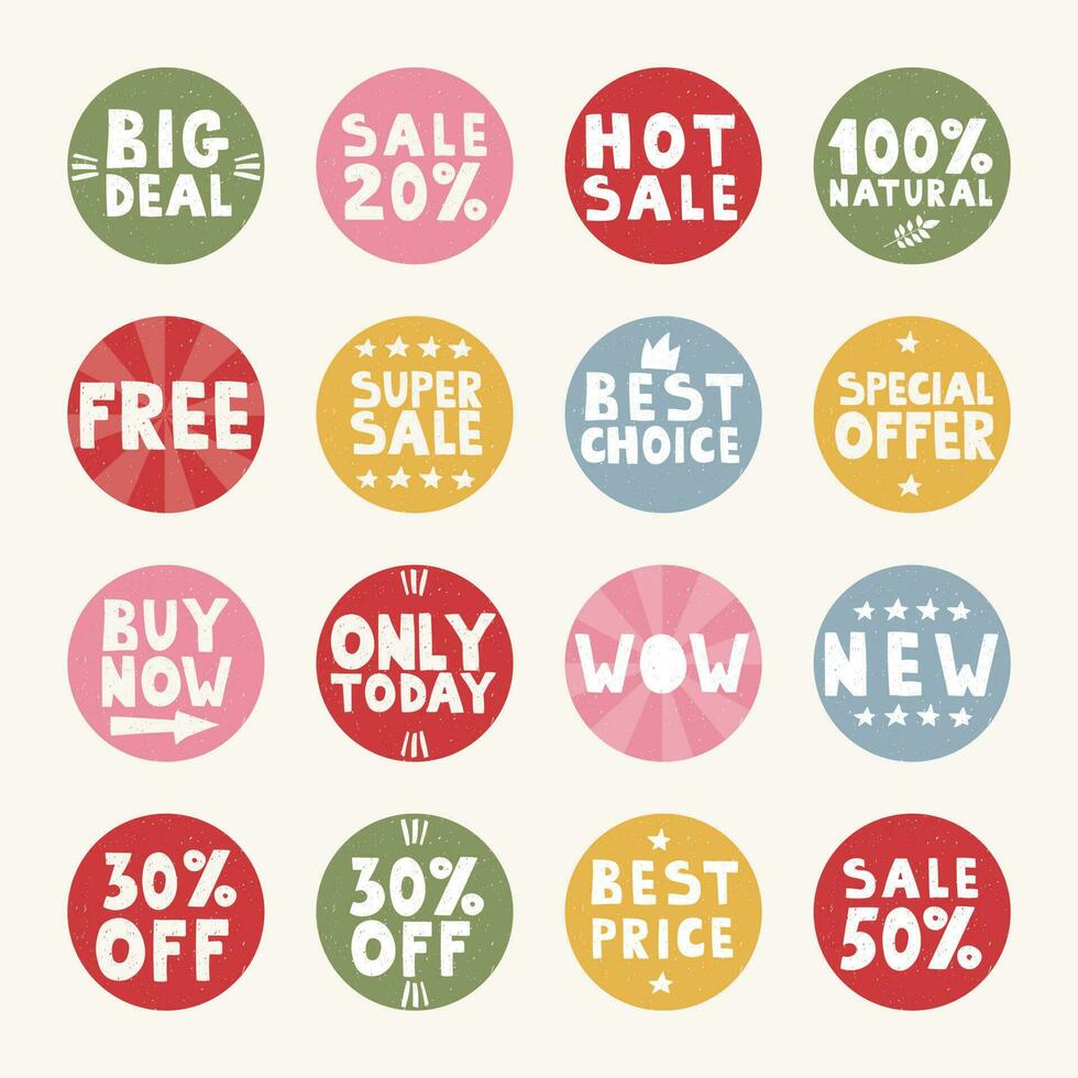 Set of vector round tags for sales promotion. Colored handwritten lettering stickers - best price, new, hot sale, best choice. Illustrations of labels and logos.