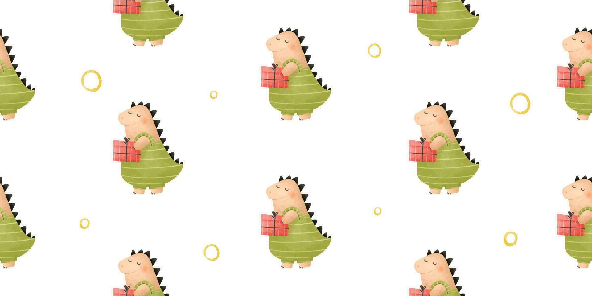 cute childish seamless pattern with funny dinosaurs, dinos with gifts, flowers. Cartoon dragon illustration vector