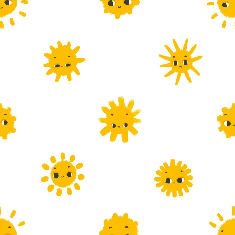 simple seamless pattern with funny yellow suns with face. Cute childish art with sun on white background. Baby design and print, fabric design, wall art, wrapping papper vector