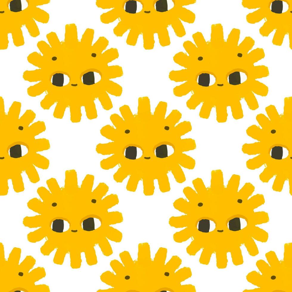 simple seamless pattern with funny yellow suns with face. Cute childish art with sun on white background. Baby design and print, fabric design, wall art, wrapping papper vector