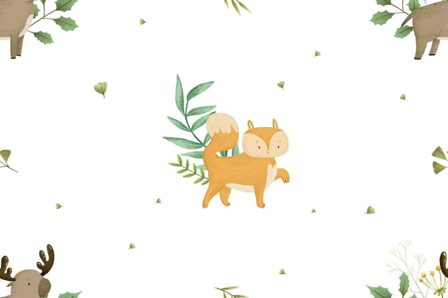 childish seamless pattern with forest animals and branches, leaves, baby design vector