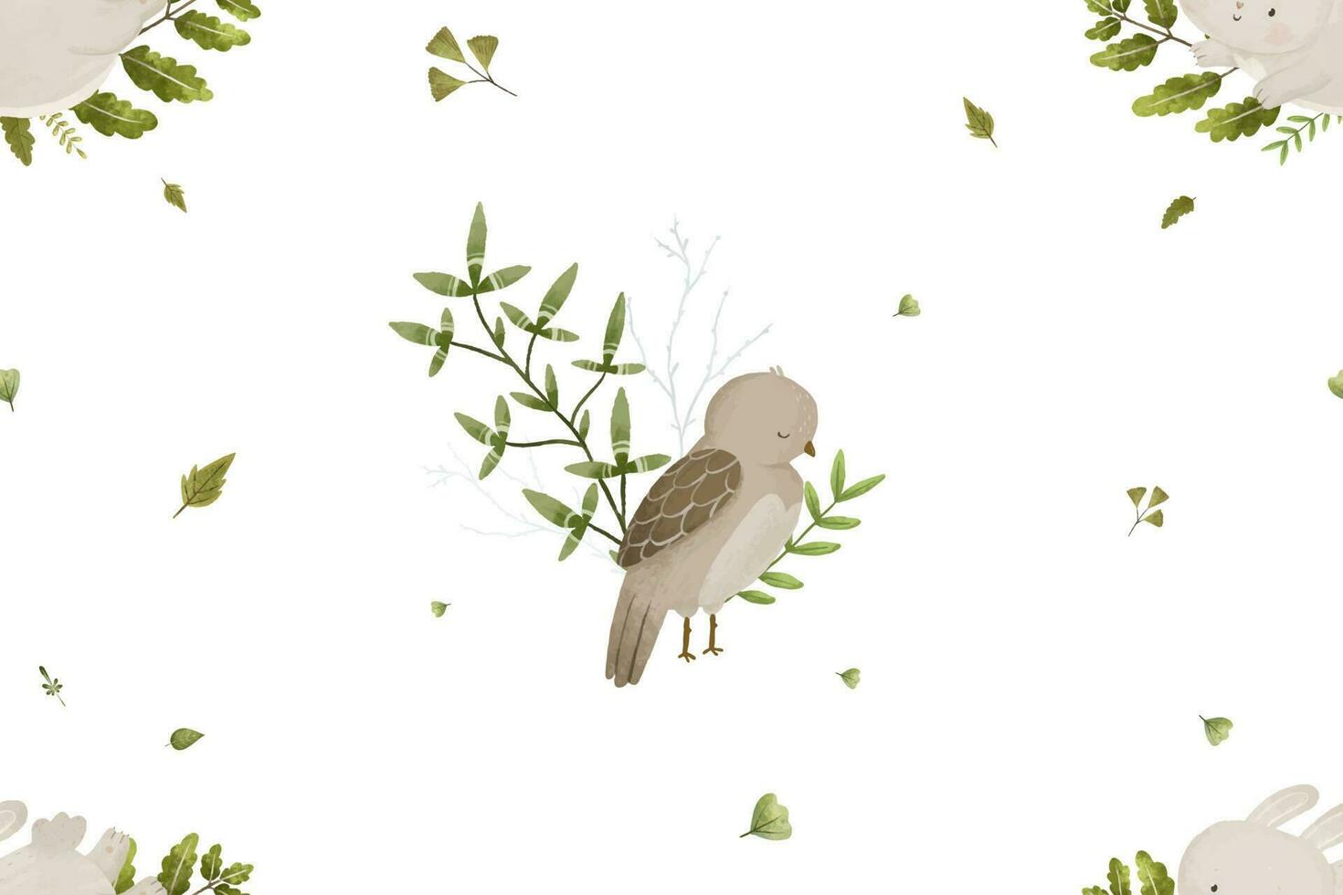 childish seamless pattern with forest animals and branches, leaves, baby design vector