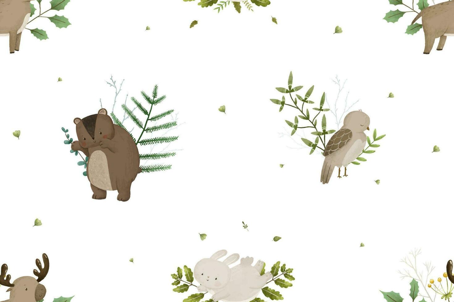 childish seamless pattern with forest animals and branches, leaves, baby design vector