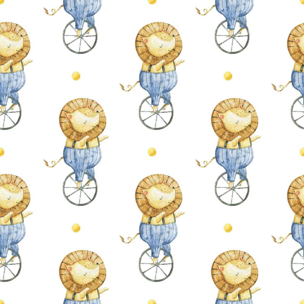 seamless, endless pattern with circus. Funny characters, trained animals on transport, jumping show, perfomance. Children's illustration, textile design, print on white background vector