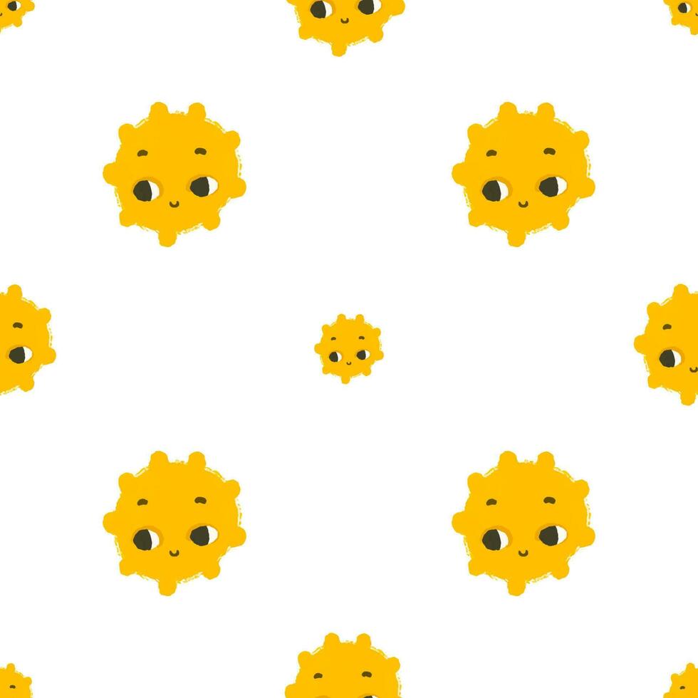 simple seamless pattern with funny yellow suns with face. Cute childish art with sun on white background. Baby design and print, fabric design, wall art, wrapping papper vector