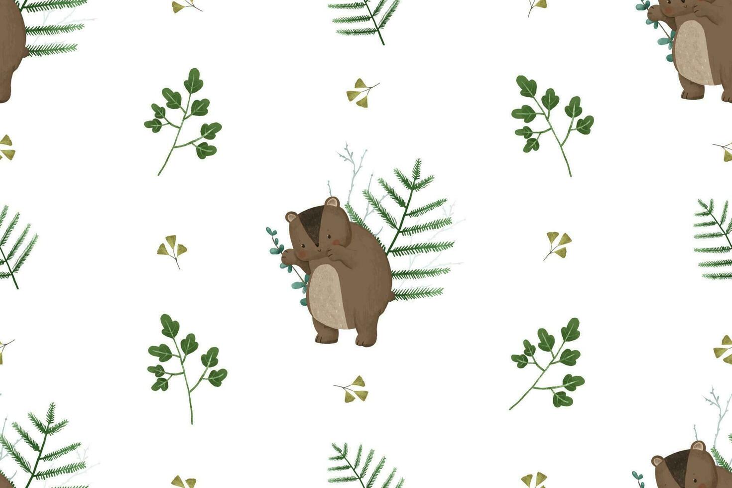 childish seamless pattern with forest animals and branches, leaves, baby design vector