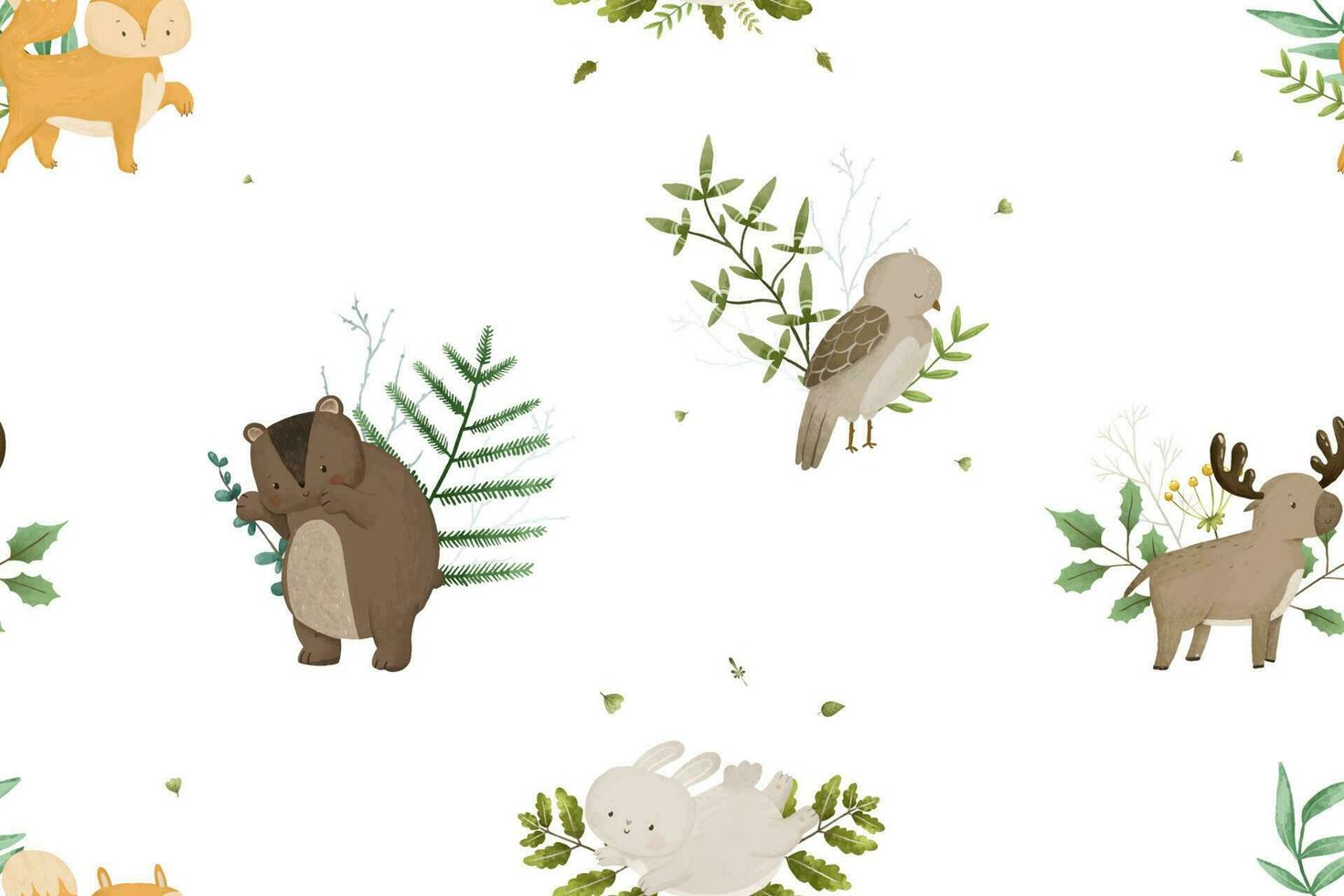 childish seamless pattern with forest animals and branches, leaves, baby design vector