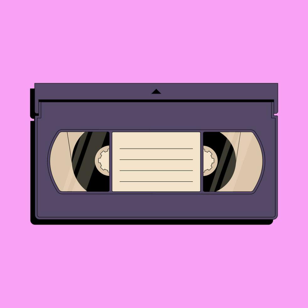 Retro video cassette icon in flat style isolated on pink background.  VHS videotape with empty label sticker.  Vintage object from 90s vector
