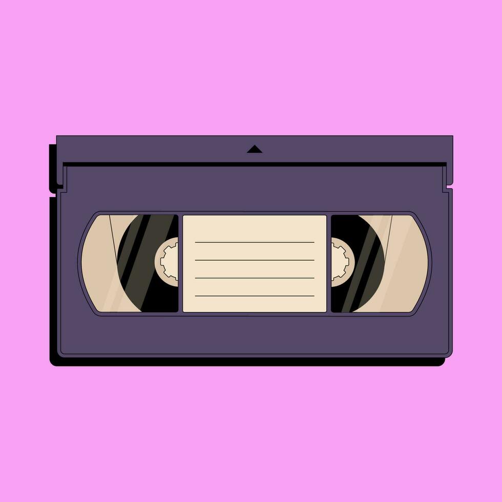 retro vídeo casete icono en plano estilo aislado en rosado antecedentes. vhs filmar con una videocámara con vacío etiqueta pegatina. Clásico objeto desde 90s vector