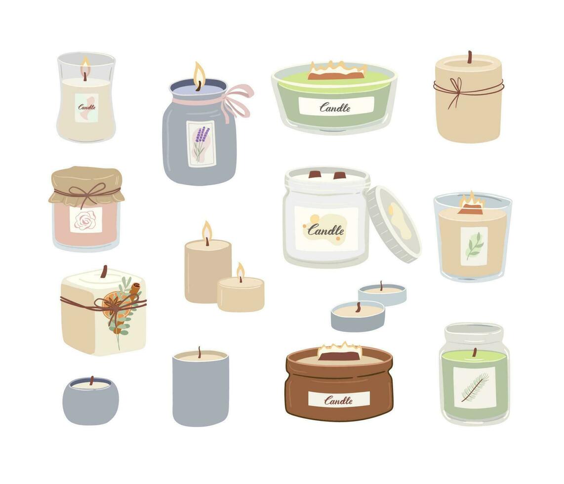 conjunto de decorativo perfumado cera velas para relajarse y spa aislado en blanco antecedentes. aromaterapia mano dibujar vector ilustración. acogedor hogar decoración. higge hora