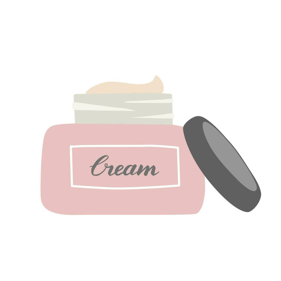 Cream jar isolated on white background. Hand draw beauty skin care product package. Organic cosmetic flat vector illustration.