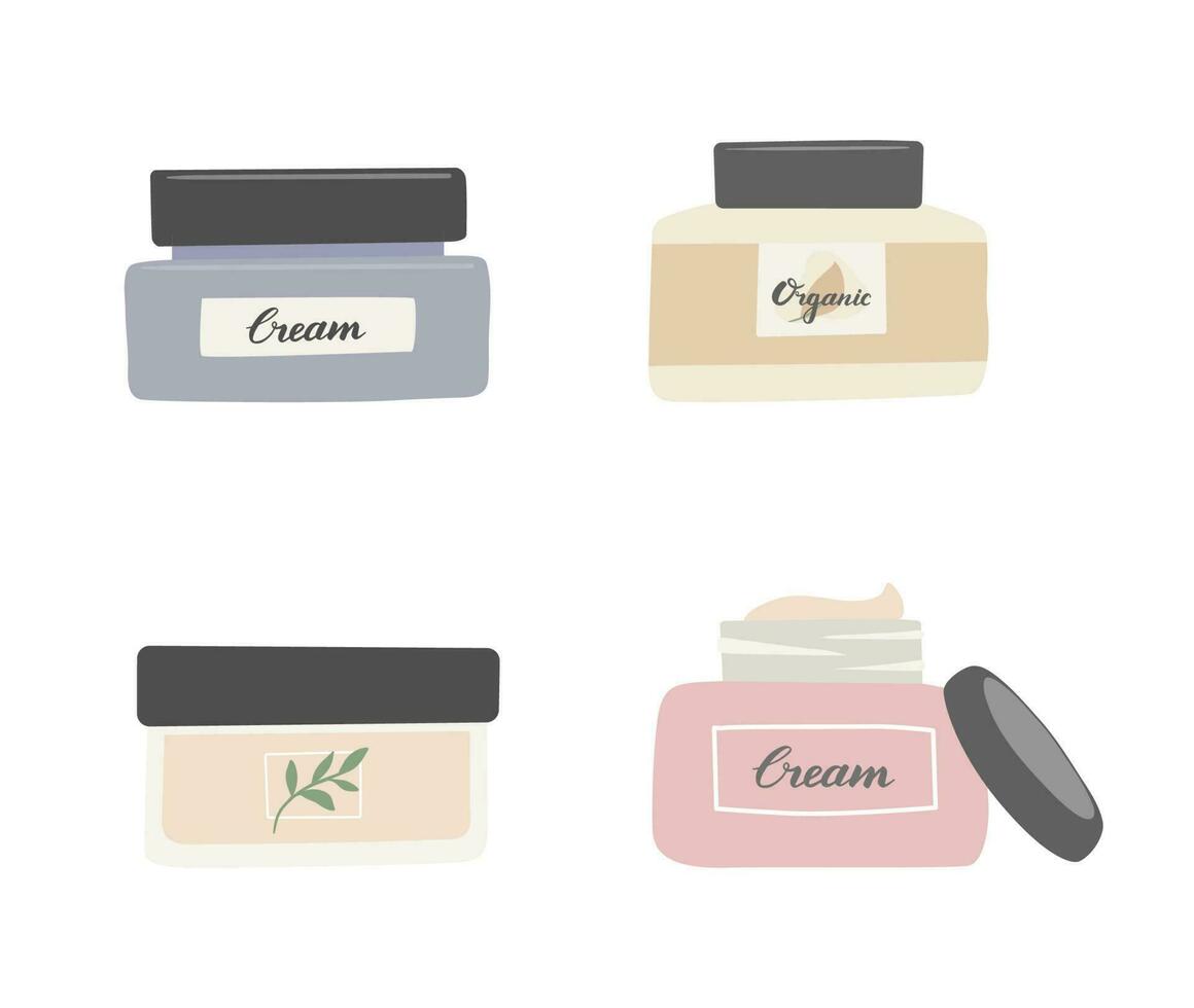 conjunto de crema frascos aislado en blanco antecedentes. colección de belleza piel cuidado productos en mano dibujar estilo. cosmético plano vector ilustración.