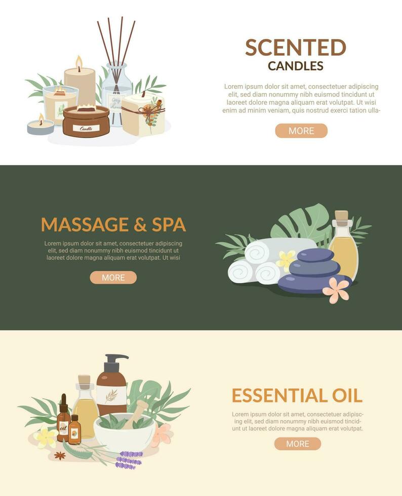 Set of Beauty and spa banner ads. Essential oil, massage, aromatheraphy, scented candles flat vector illustration. Landing page, promotion banner, flyer, web template