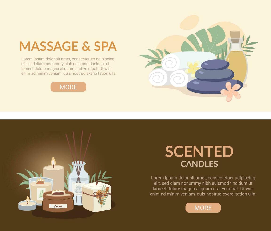 Beauty and spa, aromatherapy banner ads with scented candles and massage stones flat vector illustration.