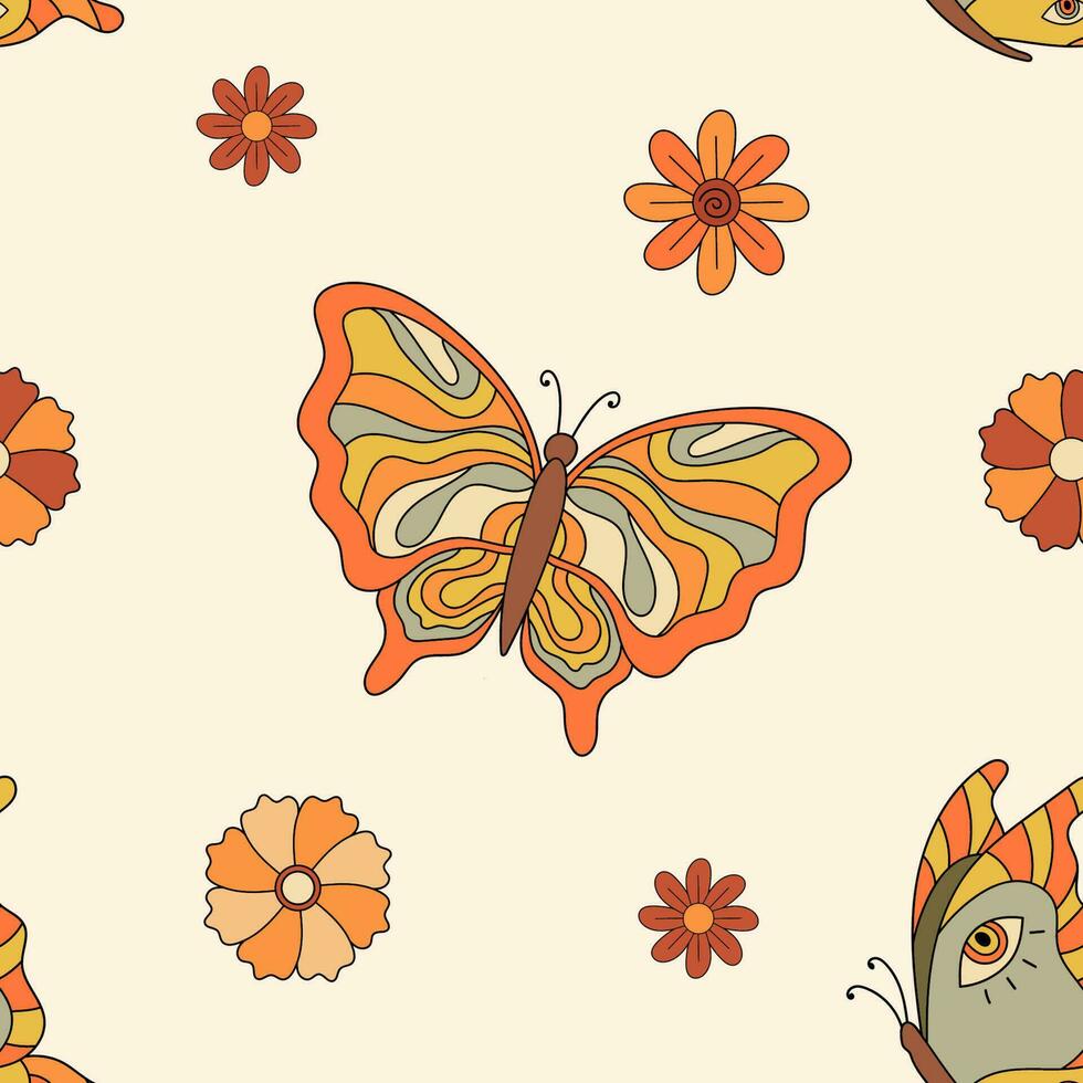 Retro groovy vibe seamless pattern with butterfly and flowers. Flat vector illustration. Hippie psychedelic background. Fabric, textile design