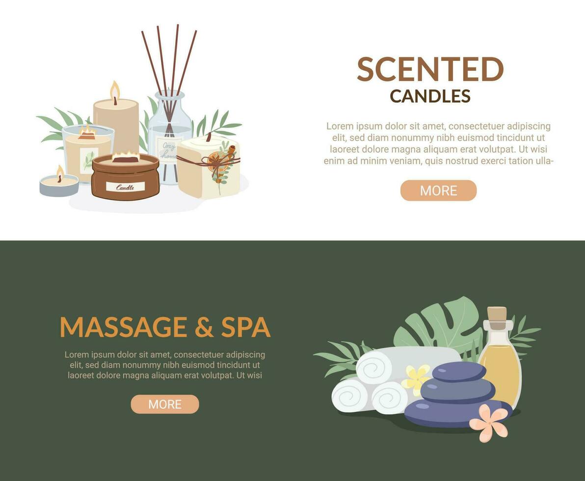 Beauty and spa, aromatherapy banner ads with scented candles and massage stones flat vector illustration.
