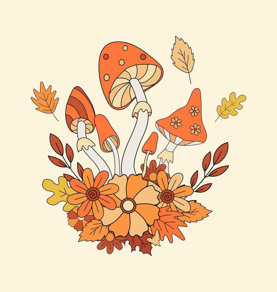 Stylized retro 70s hippie mushrooms flat vector illustration. Autumn vibe psychedelic element in vintage style.