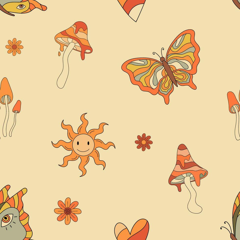 otoño maravilloso vibraciones sin costura modelo con hongos, mariposa celestial. otoño ambiente vector ilustración. retro psicodélico hippie antecedentes en 70s estilo