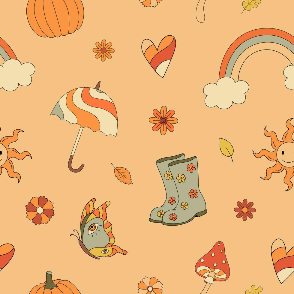 otoño maravilloso sin costura modelo con arcoíris, hongos, sombrilla. otoño vibras. retro 70s vector ilustración. hippie estilo. tela, textil diseño