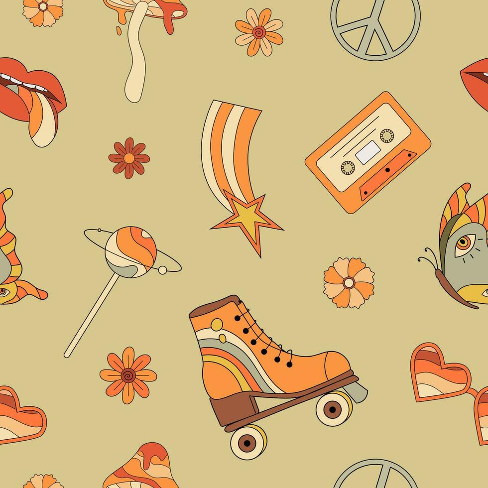 Hippie psychedelic groovy seamless pattern. Retro flowers, butterfly, roller skate, lips, cassette, peace sign. Surreal vector illustration