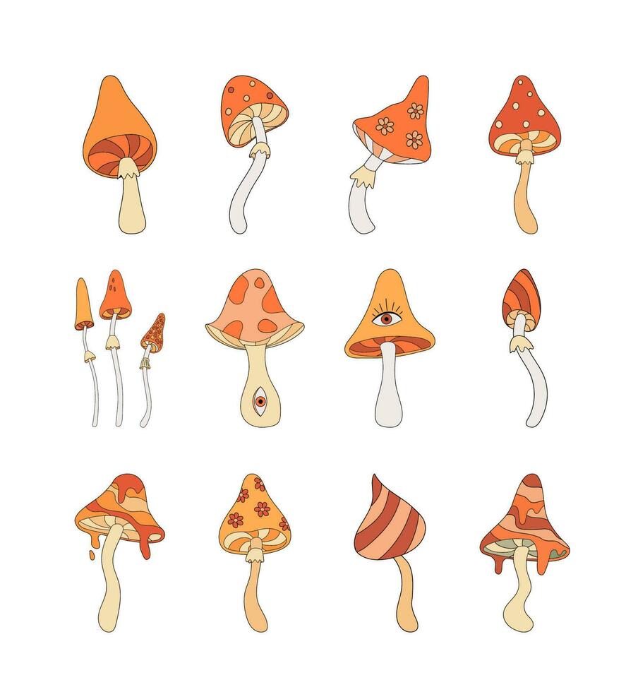Set of vintage groovy mushrooms flat vector illustration in 70s and 80s style.  Retro autumn vibe elements, Boho hippie clipart on white background