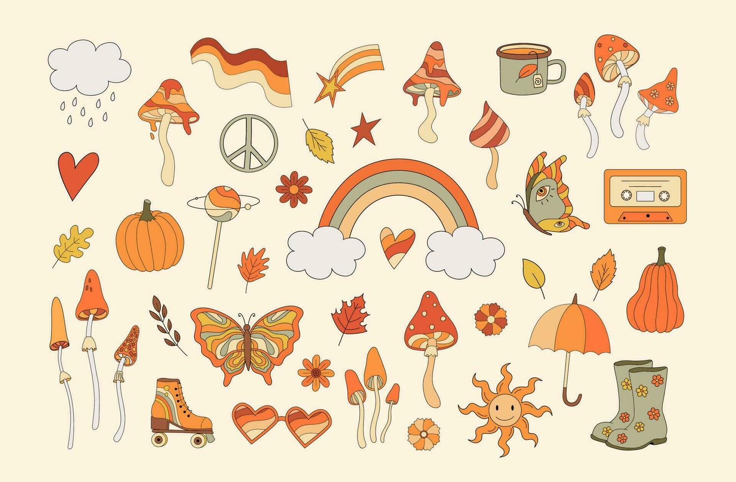 Set of 80s fall vibe stickers. Retro mushroom, rainbow, pumpkins, lips, peace sign, butterfly, hippy style stickers. Vintage psychedelic groovy flat symbols, autumn vibes vector illustration.